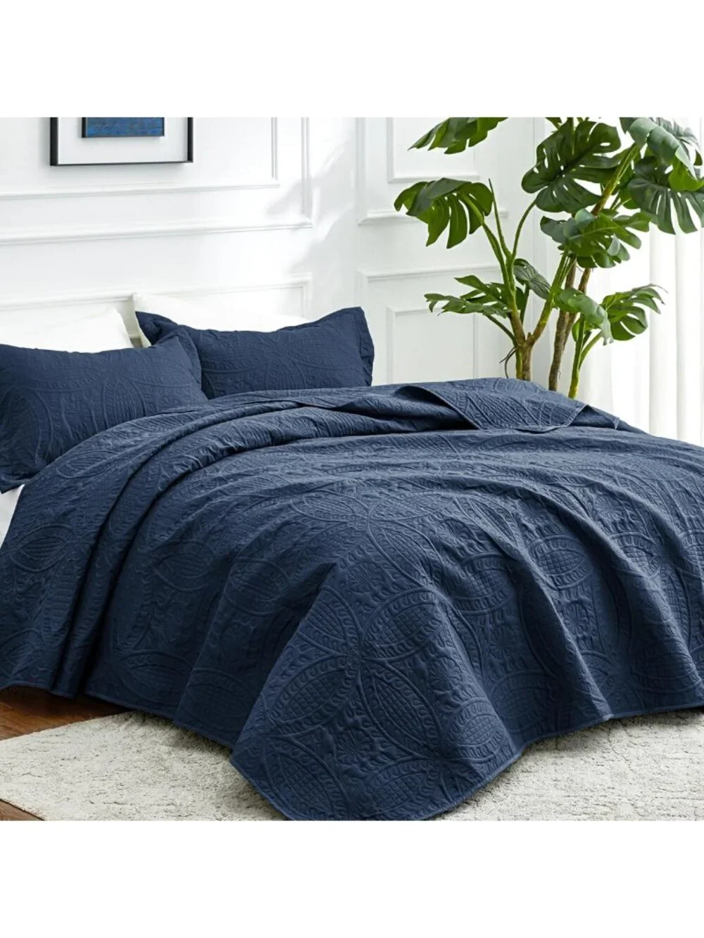Navy Blue King Size Quilt Set - Soft Lightweight Bedspread & 2 Pillow Shams